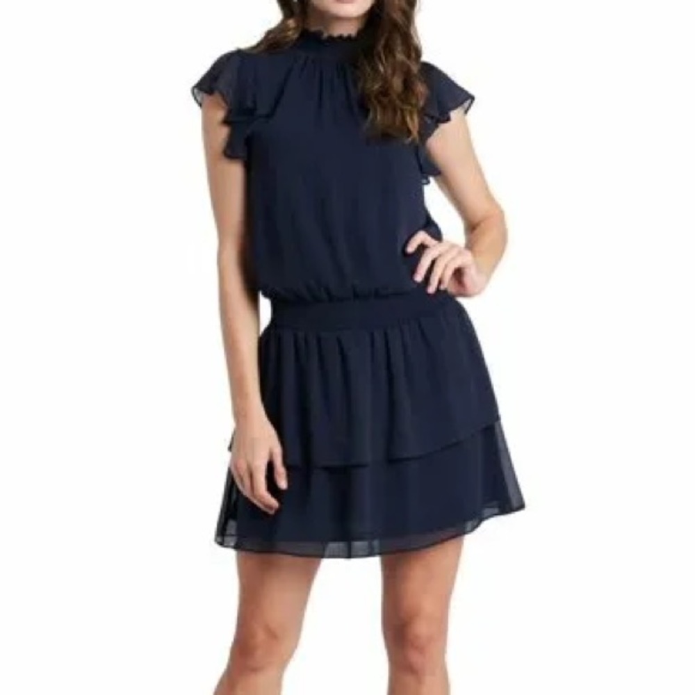 1. State Blouson Ruffle Sleeveless Mini Dress Navy Blue